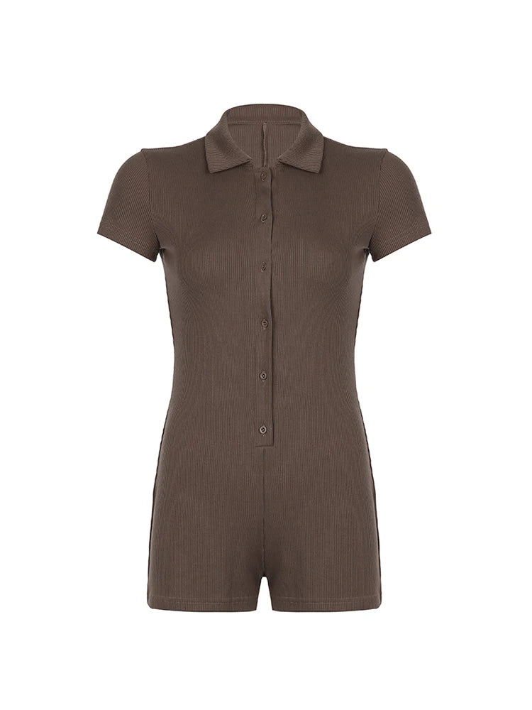 Button Up Turn Down Collar Short Sleeve Slim Ribbed Rompers Playsuit Basic Summer Shirts