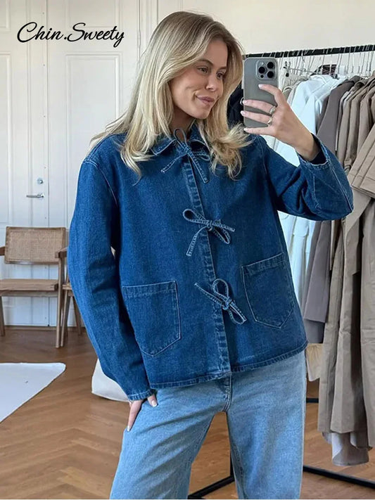Street Lace Up Denim Shirt for Lapel Long Sleeve Loose Thick Blouses Spring Lady Loose Top Outwear New