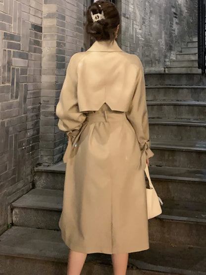 Autumn Winter Khaki Long Trench Coat for Jacket Outerwear Turn-down Collar Tie Belt Korean Windbreaker