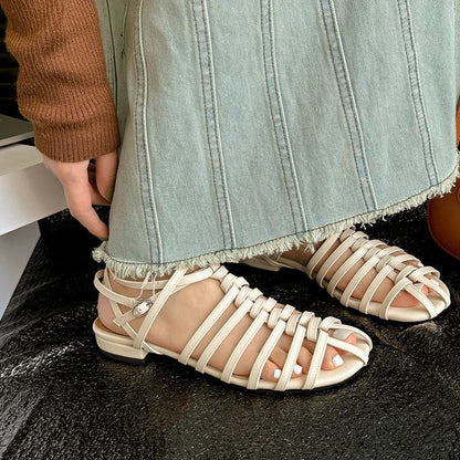 Design Rome Style Sandals Summer Low Heels Narrow Band Party Shoes Woman Genuine Leather Quality