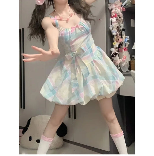 Rainbow Dresses Sweet Sleeveless Bow Slash Neck Sweet Summer Bud Mini Dress Female Party