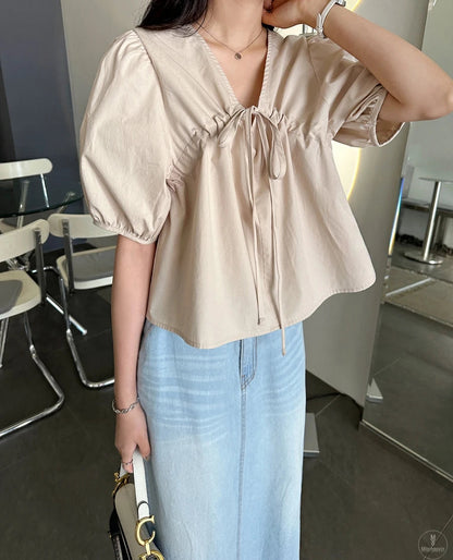 Spring Summer Puff Sleeve Vneck Blouses Short Sleeve Loose Laceup Shirts for