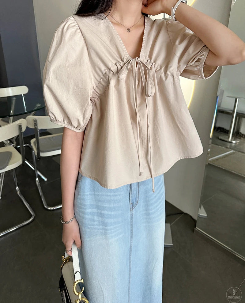 Spring Summer Puff Sleeve Vneck Blouses Short Sleeve Loose Laceup Shirts for
