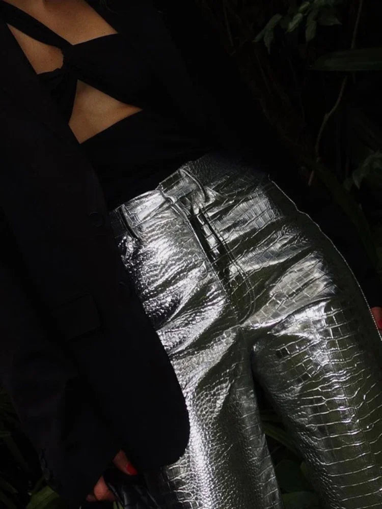 Silver Pu Pants Autumn Winter High Waist Loose Straight Trousers Party Y2k Girl Pants Trousers