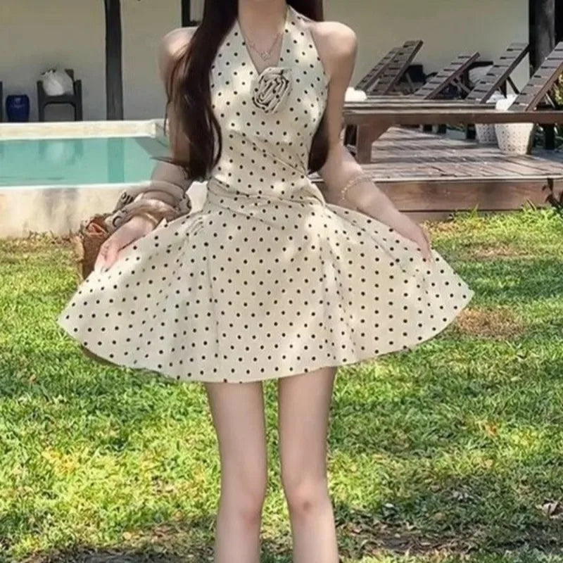 Polka Dot Halter Mini Dresses Spring Summer Sweet Korean Dress Flowers Vestidos Mujer