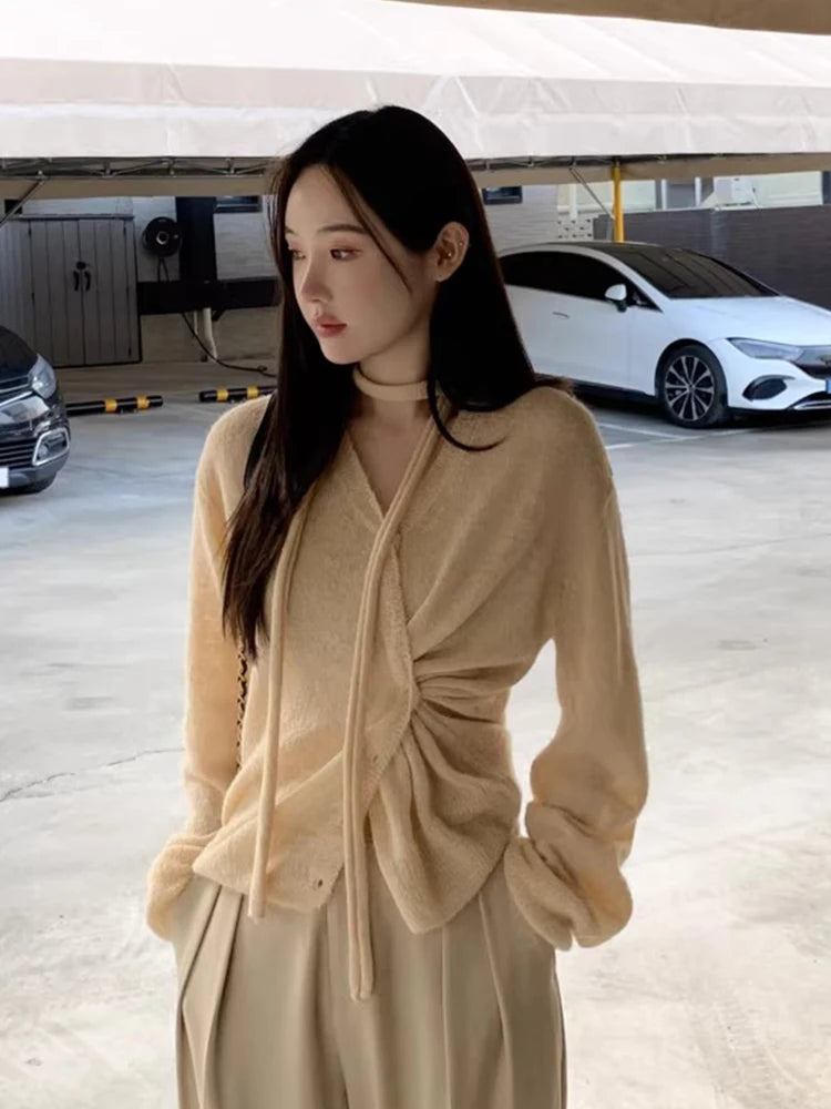South Korea Cardigan Simple Temperament Vneck Neck Irregular Buckle Waist Slimming Tops Long Sleeve Sweater