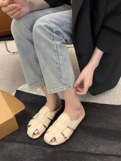Shoes Slippers Soft Slides Slipers Cover Toe Low Loafers Fretwork Heels Comfort Flat Basic Fabric Rubber Cane Pu