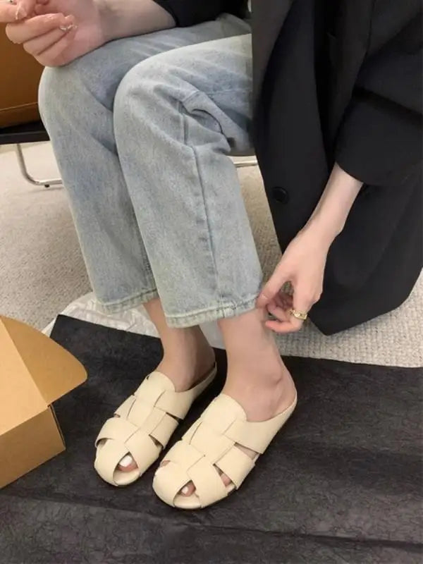 Shoes Slippers Soft Slides Slipers Cover Toe Low Loafers Fretwork Heels Comfort Flat Basic Fabric Rubber Cane Pu