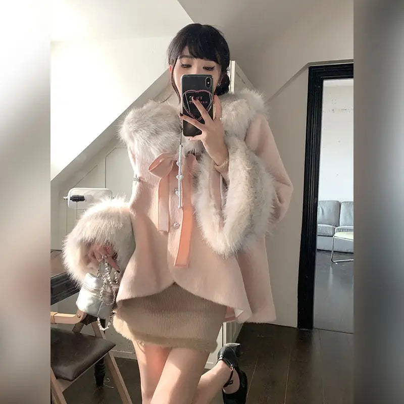 French Socialite Bow Pink Fur Collar Woolen Cloak Coat High Waist Short Skirt Set Autumn/winter Two Piece Sets Outfits