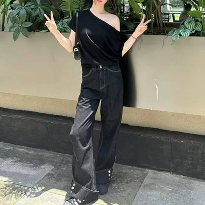 Flap Buttons Loose All Match Jeans Spring New High Waist Denim Wide Leg Pants