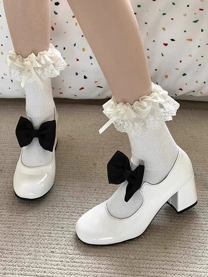 Sweet Round Toe Mary Janes Bow Detail Block Middle Heels Classic Dress Party Summer Shoes