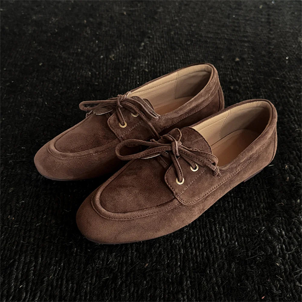 Ballet Flats Shoes Suede Leather Lace Up Loafers Flats Heels Street Office Lady Loafers Shoe