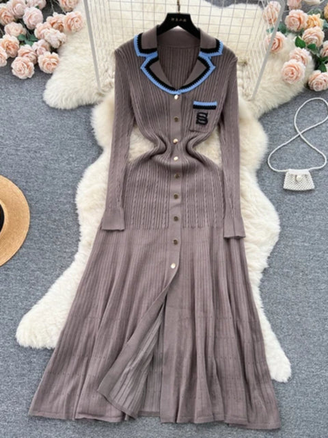 Knitted Dress Spring Autumn Long Sleeve V-neck Bodyon Dresses Slim A-line Single Breasted Sweater Robe