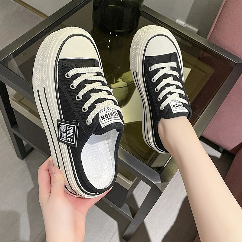 Canvas Platform Wedge Thick Slippers Lace Up Chunky Sneaker Comfy High Brand Breathable Summer Heightening Shoes
