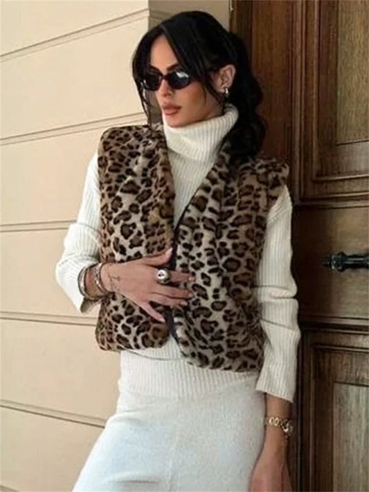 Leopard Printed V-neck Vestidos Coat Female Contrast Printed Cropped Top Loose Autumn Commute Outwear Cardigan