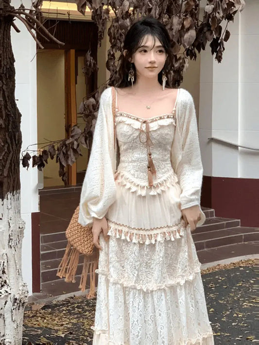 Travel Outfits Vacation Style Three Piece Set for Autumn New Gentle Tank Top+long Skirt+cardigan