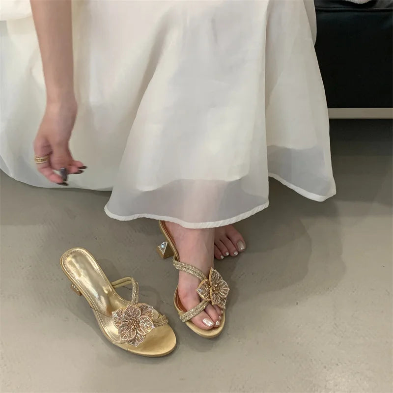 Outdoor Party Crystal Flower Slipper Transparent Sandal Rhinestone Low Heels Mules Slide Shoes Zapatos Mujer