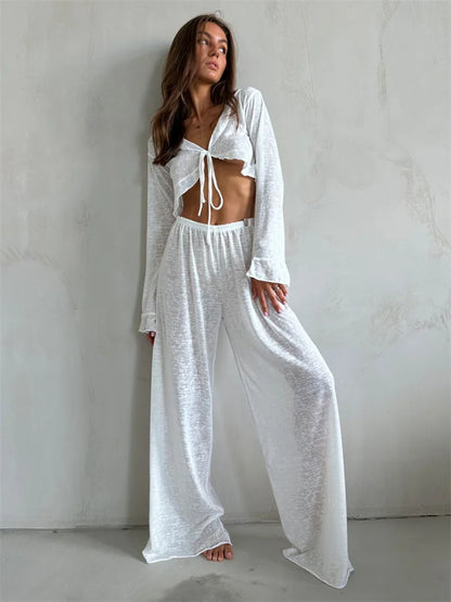 2 Piece-set Trousers for V-neck Lace-up Long Sleeve Top and High Waist ’s Pants Outfits Female