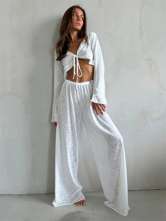 2 Piece-set Trousers for V-neck Lace-up Long Sleeve Top and High Waist ’s Pants Outfits Female