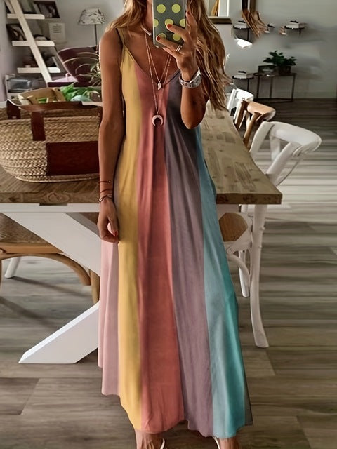 Color Gradient Print Spaghetti Strap Dresses Summer V-neck Beach Vacation Style Long Dress Female A-line Vestidos