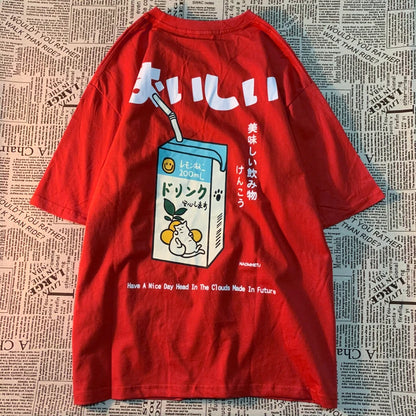 Japanese Cat Print Oversized T-shirt Short Sleeve Loose Tee Shirt Tops Cotton Harajuku Clothing