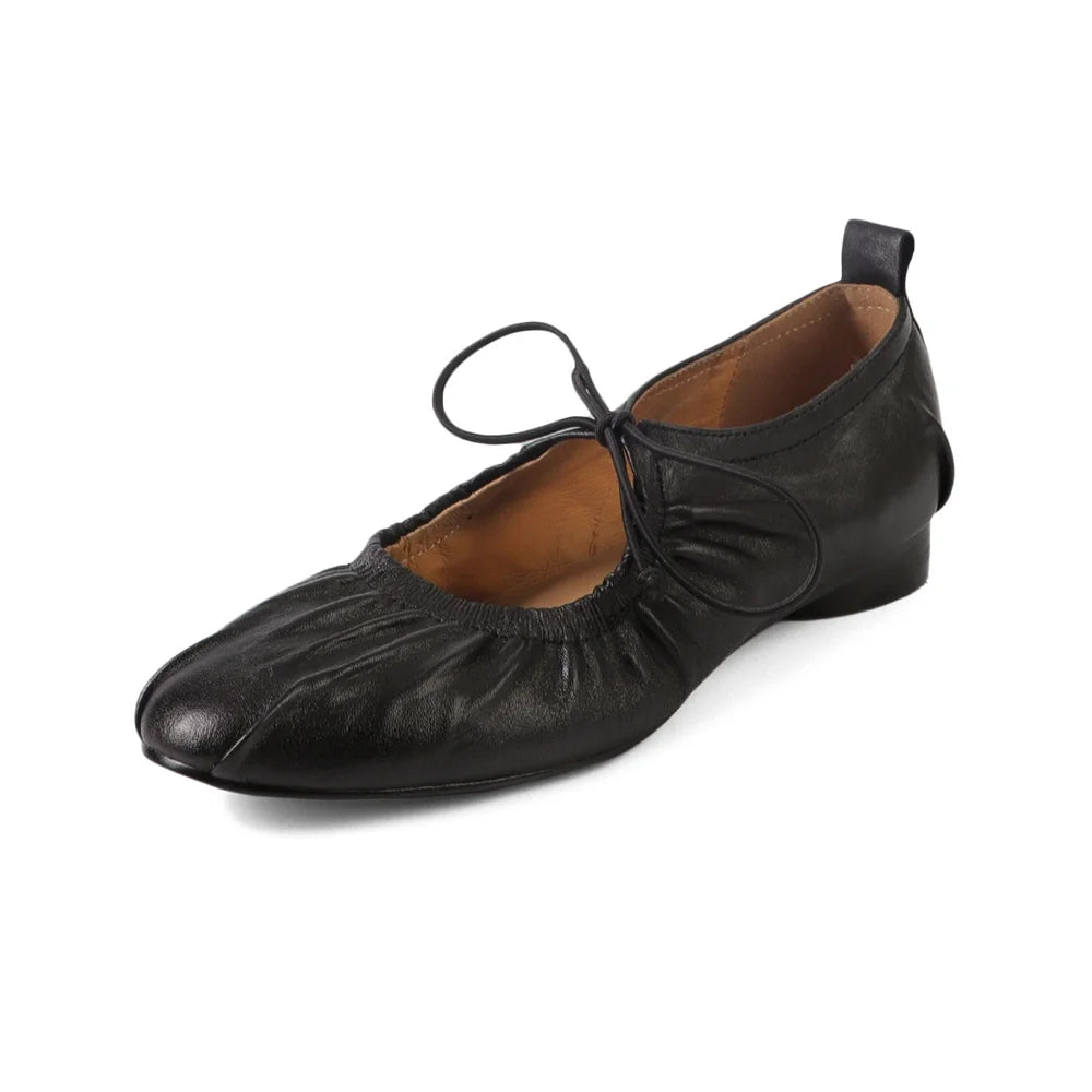 Retro Genuine Leather Pumps Low Round Heels Party Shoes Woman Round Toe Lace Up Pumps