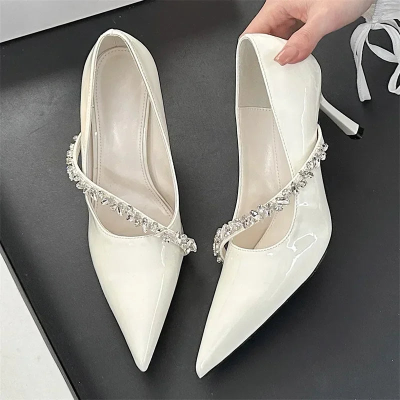 Rhinestone Decoration Pumps Pointed Toe Patent Leather Thin High Heels Party Dress Mules Shoes