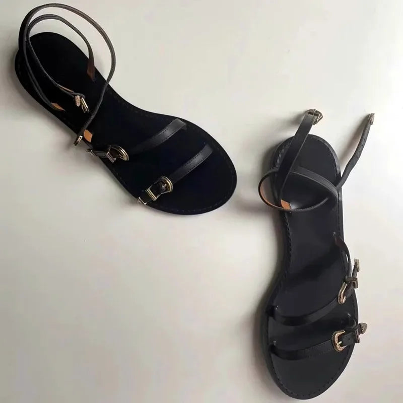 Multi Metal Buckle Design Flat Sandals Summer Open Toe Anklewrap Beach Roman Sandals Dress Shoes