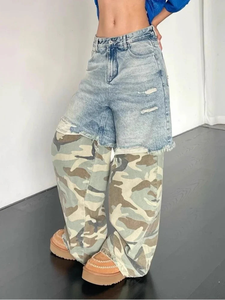 Camouflage Spliced Ripped Jeans for Hip Hop Y2k Baggy Wide Leg Denim Pants Trousers