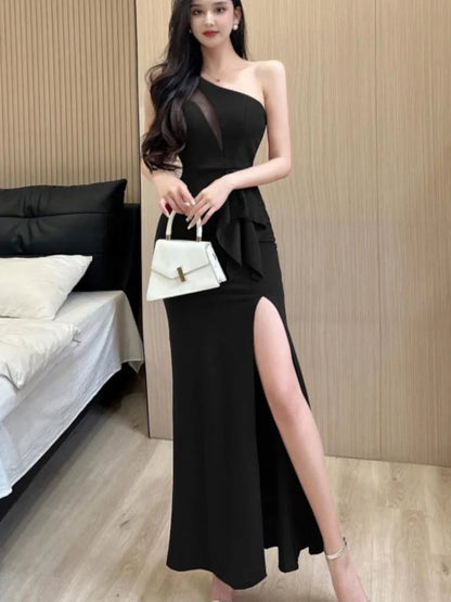 Backless Slim Split Long Dress Summer Sleeveless Off Shoulder Club Party Mesh Dresses