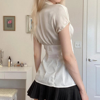 French Retro Satin Aline Shirt Slimming Short Sleeve Vneck Blouses Office Top Allmatch
