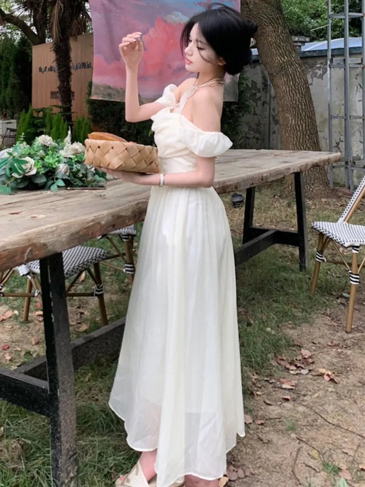 Summer Halter Midi Dress Female Chiffon Square Neck Party One Pieces Dresses French New Vestidos Robe