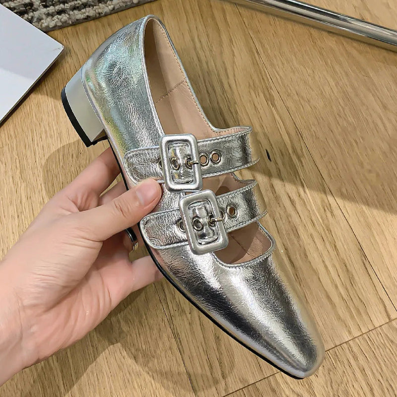 Genuine Leather Double Metal Buckle Slipon Mary Jane Flats Sqaure Toe Female Soft Comfortable Ballerinas Shoes