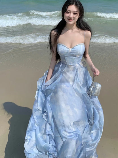 New Summer Long Dresses for Spaghetti Strap Korean A-line Ruffles Beach Style Party Dress One Piece Vestido Mujer