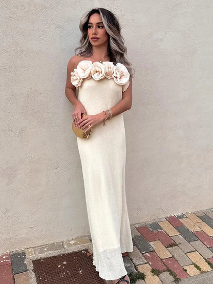 Summer Tube Long Dress 3d Flowers Decorate Strapless Dresses Female Sleeveless Slim Maxi Dress