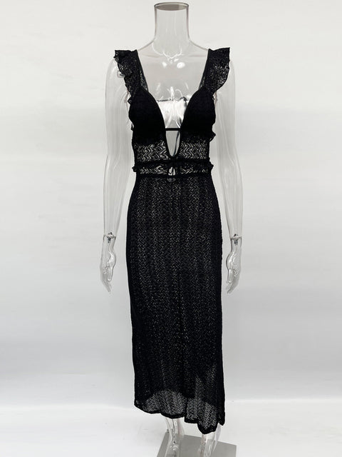 Knit V-neck Maxi Dress ’s Slim High Waist See-through Patchwork Bandage Backless Dress Female Knitwear Dress