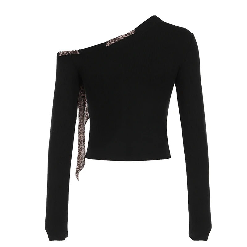 Design Skew Collar Leopard Lace-up Top Tees S Autumn Clothes Long Sleeve Slim Y2k Blouse New