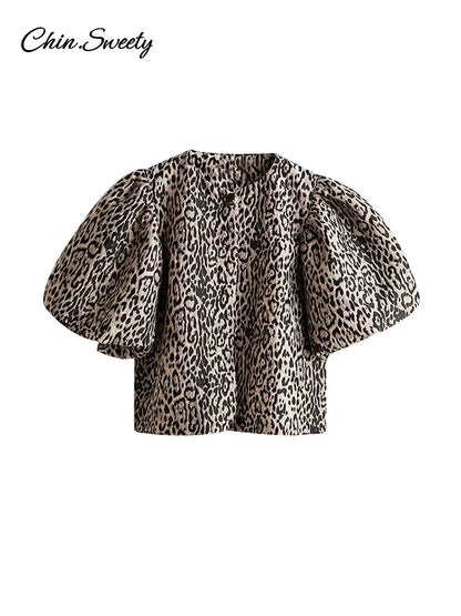 Leopard Puff Sleeve Shirts Blouses Summer O-neck Loose Buttons All-match Cropped Tops Lady High