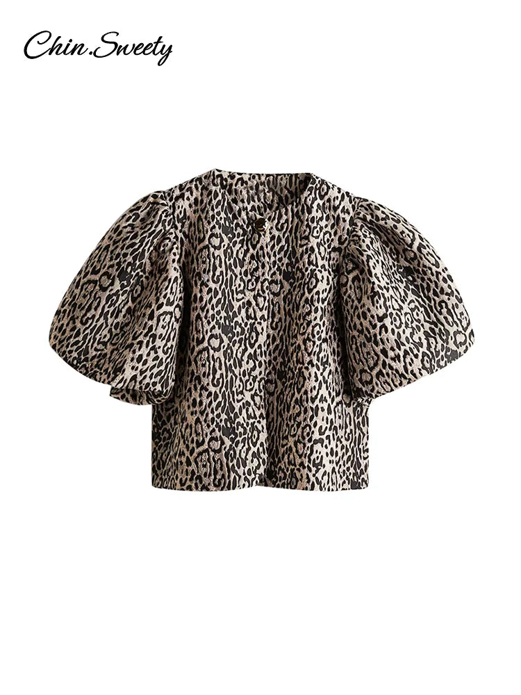 Leopard Puff Sleeve Shirts Blouses Summer O-neck Loose Buttons All-match Cropped Tops Lady High