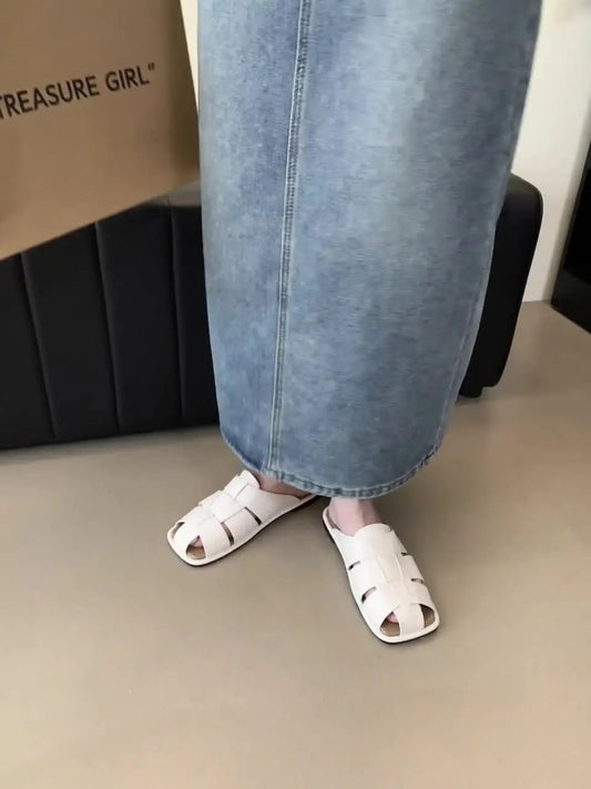 Slippers Summer Shoes Low Slides Cover Toe Pantofle Fretwork Heels Flat Rubber Pu Fabric Hoof Shoes Wo