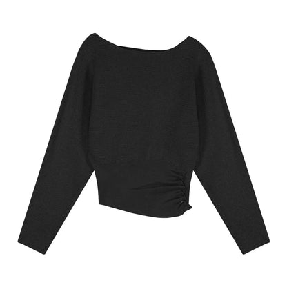 Strapless Color Longsleeved Sweater Autumn New Slant Collar Loose Button Pleated Knitted Tops