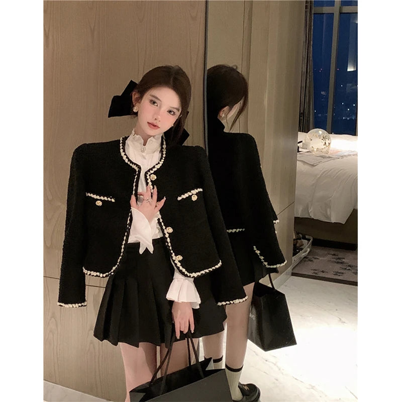 Tweed Jackets Black Cropped Suit Coat Korean Thicken Blazer Single Breasted Short Outerwear Tops New