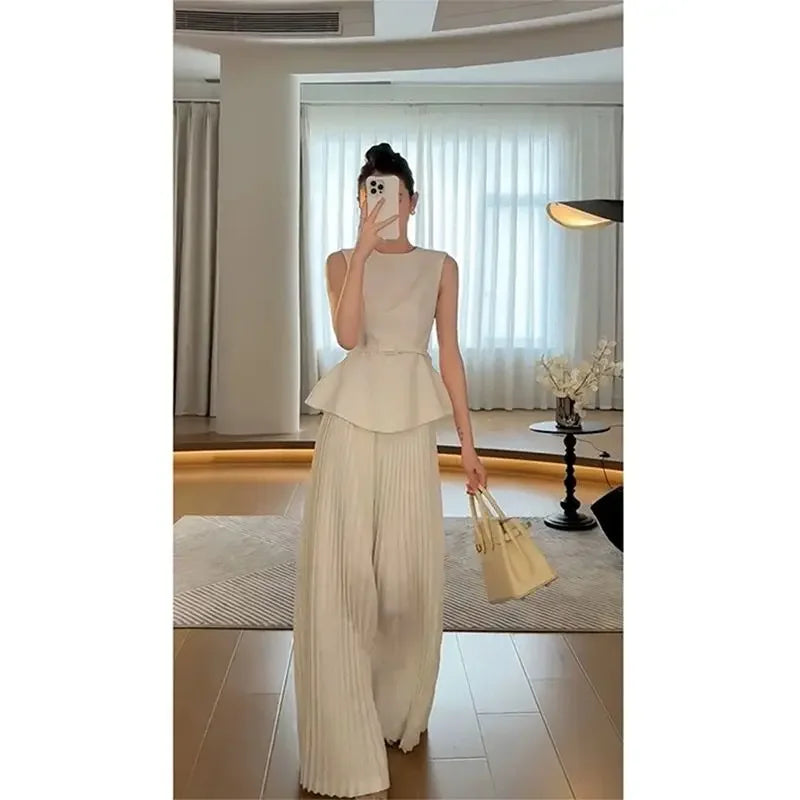Sleeveless Top Waist Belted Slim Tank Top Pleated Wide Leg Pants Set Commuting Professional Two Piece Set Outfits