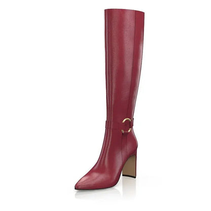 Burgundy Pointed Toe Heeled Knee High Boots With Ring Buckle Shoes Autumn