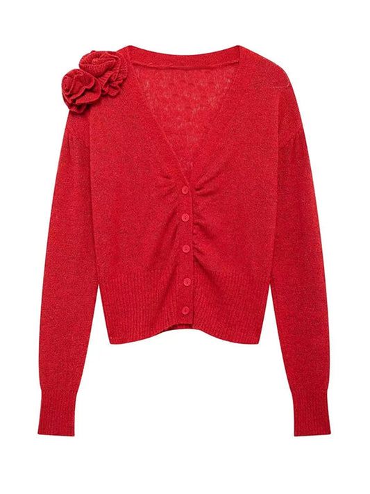 Knitted 3d Flowers Cardigan Retro V-neck Slim Long Sleeve Short Sweaters Female Spring Street Knitwear