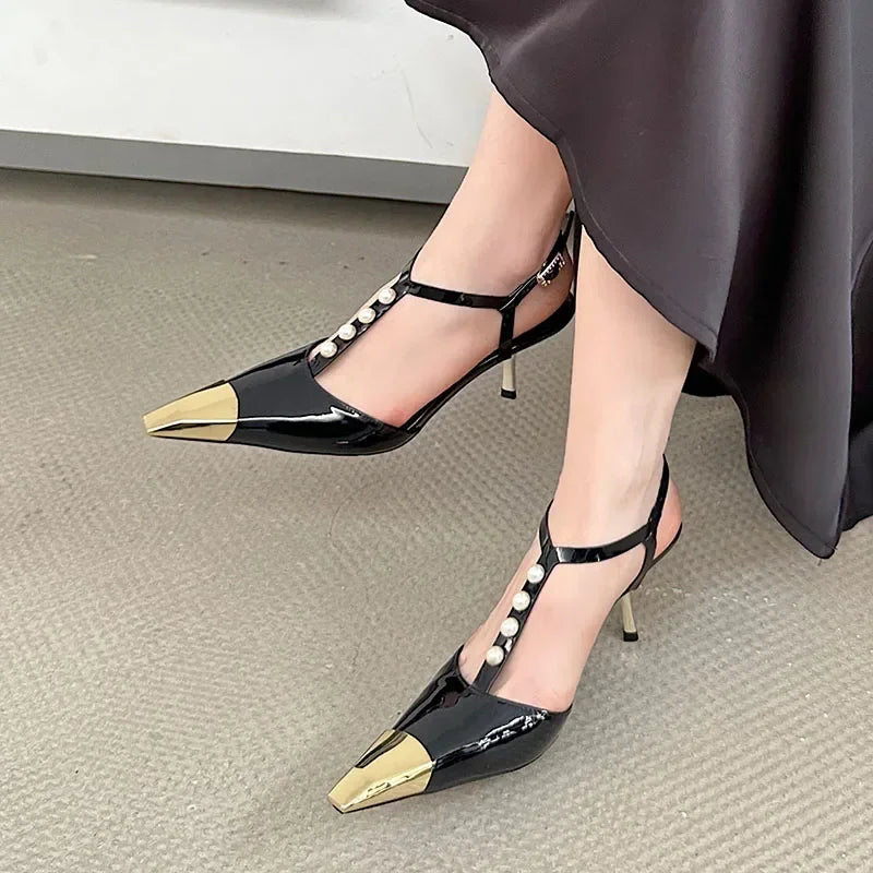 Metal Pointed Toe Thin High Heels Tstrap Pearl Party Dress Shoes Designer Pumps Sandals