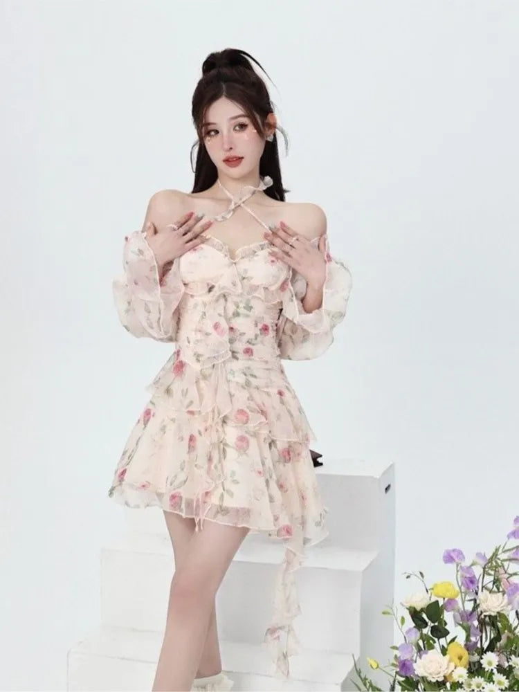 Summer Sweet Print Chiffon Dress Long Sleeve Ruffles Party Mini Dresses Female Korean Slim Vestidos