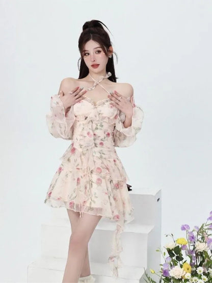 Summer Sweet Print Chiffon Dress Long Sleeve Ruffles Party Mini Dresses Female Korean Slim Vestidos