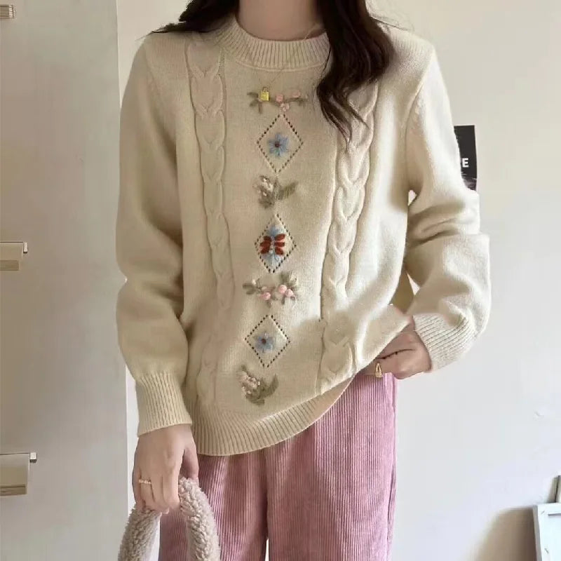 Korean Style Embroidery Sweater Round Neck Knitted Pull Femme Autumn Winter Clothes Warm Pullover