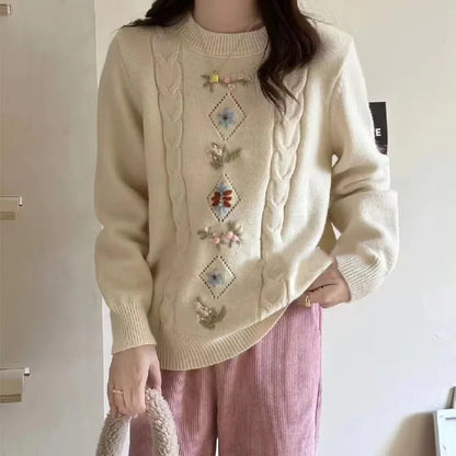 Korean Style Embroidery Sweater Round Neck Knitted Pull Femme Autumn Winter Clothes Warm Pullover